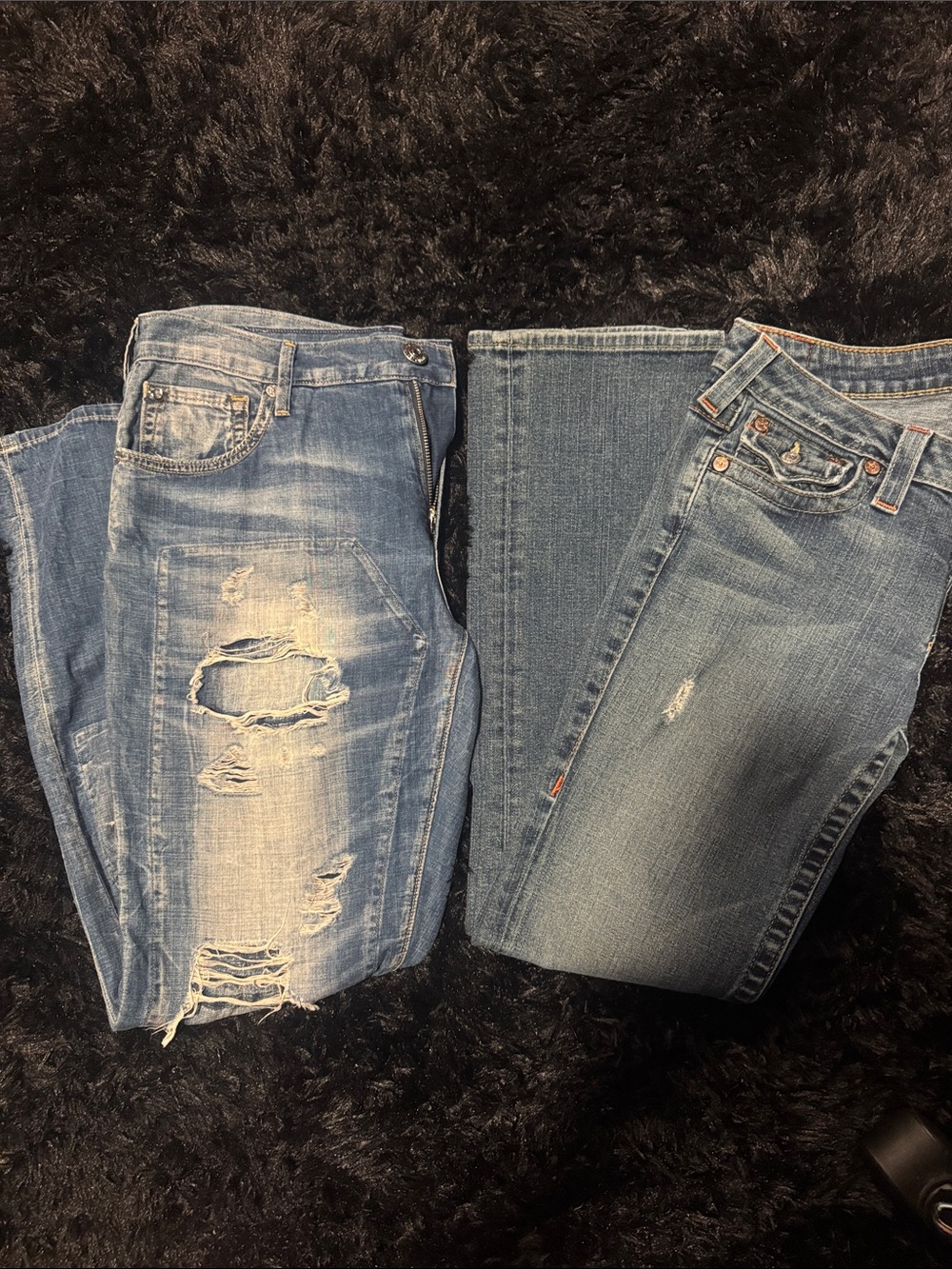 True Religion Women's Skinny Jeans in Light Blue Distressed and Mid Blue